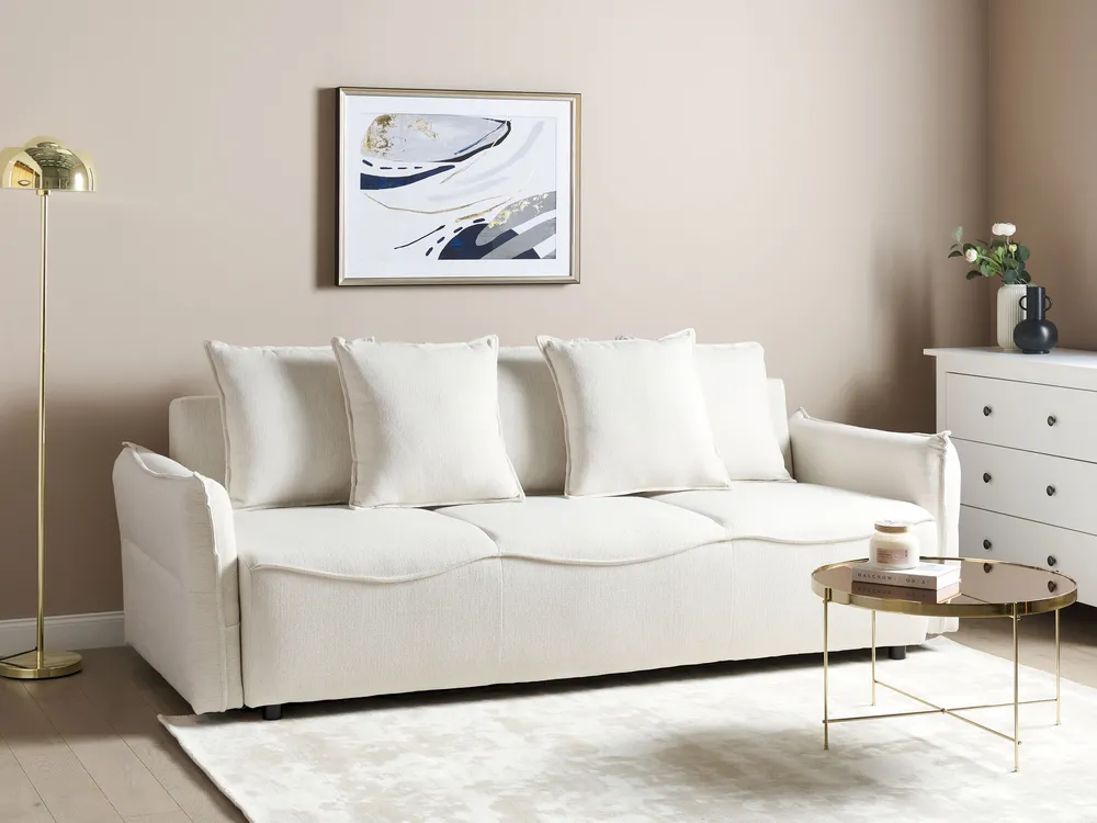 Schlafsofa 3-Sitzer KRAMA mit Stauraum Stoff Cremeweiß