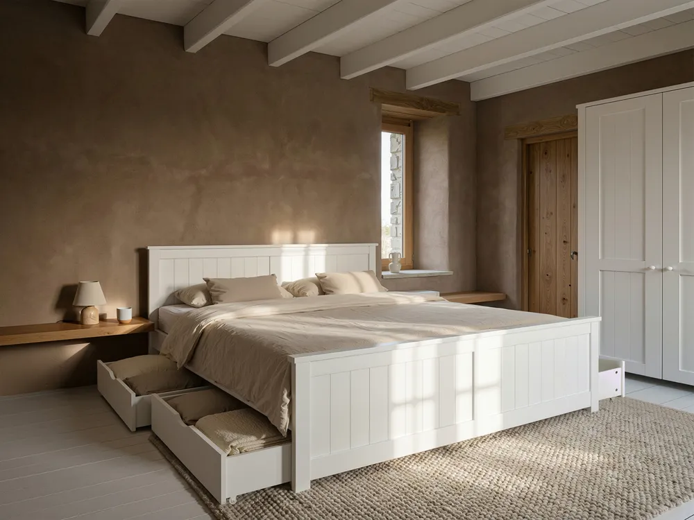 Bett mit 4 Schubladen SABRAN Kiefernholz Weiß 160 x 200 cm_1061301