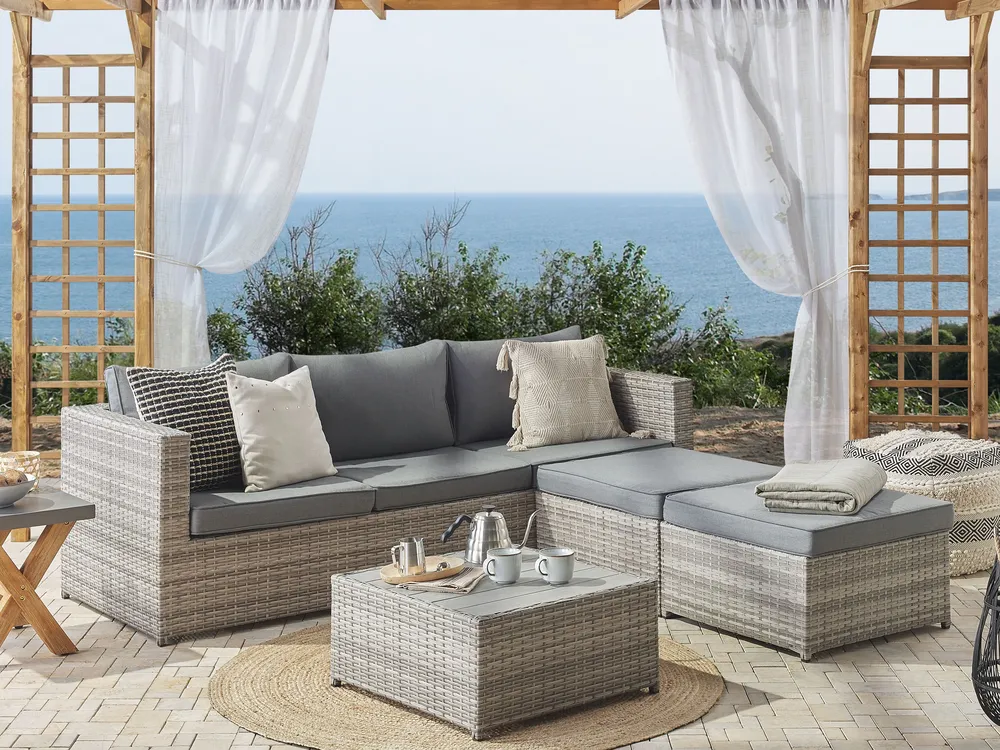 Garten Ecksofa mit Tisch 5-Sitzer SABBIA modular Polyrattan Hellgrau rechtsseitig