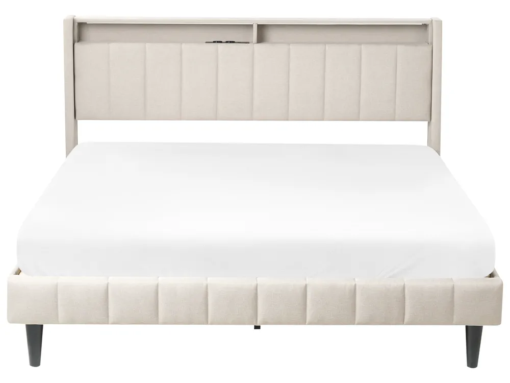 Bett mit LED BEAULIEU Stoff Beige 160 x 200 cm mit Stauraum mit USB-Anschluss_993538