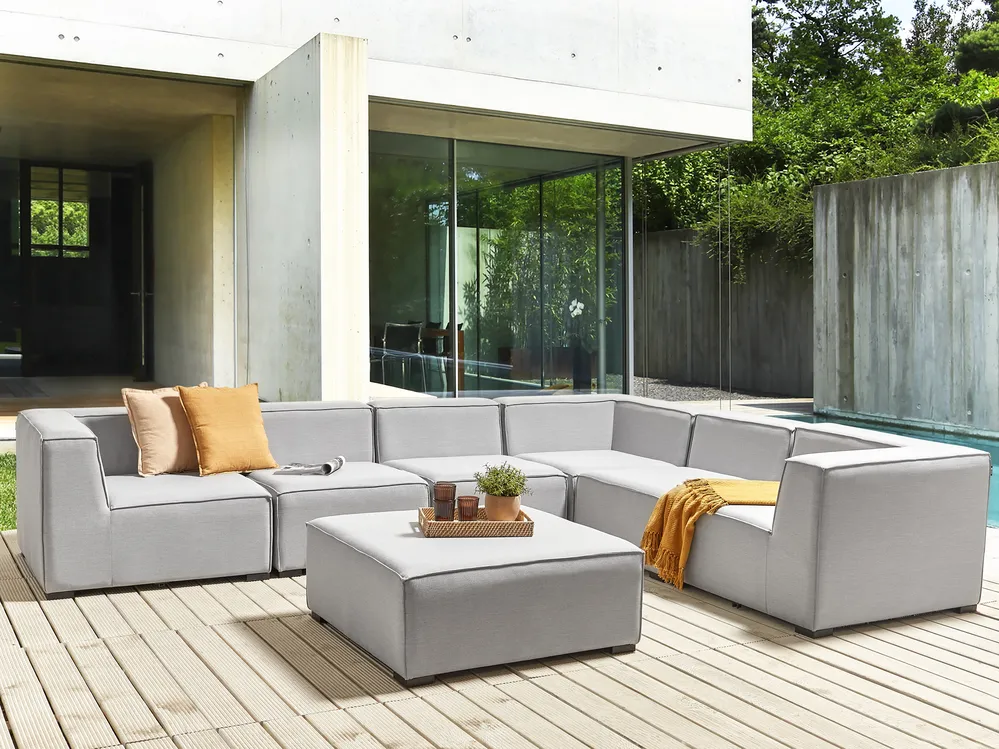 Garten Ecksofa mit Ottomane 7-Sitzer AREZZO modular Hellgrau linksseitig