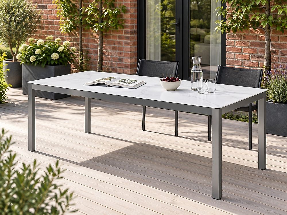 Table de salle à manger de jardin COSOLETO 180 cm 90 cm Verre Effet marbre Blanc