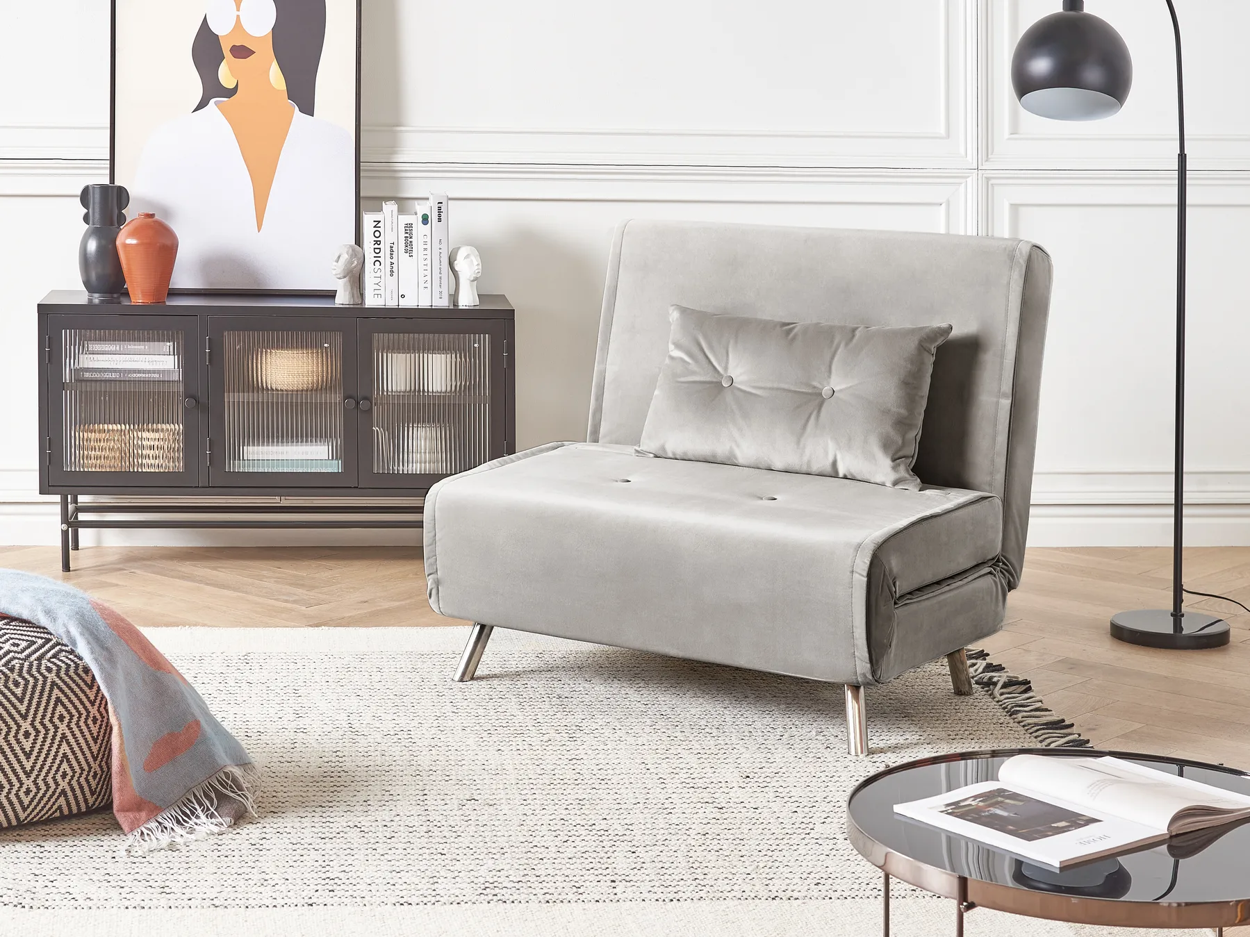 Single Sofa Bed FARRIS Velvet Light Grey_875647