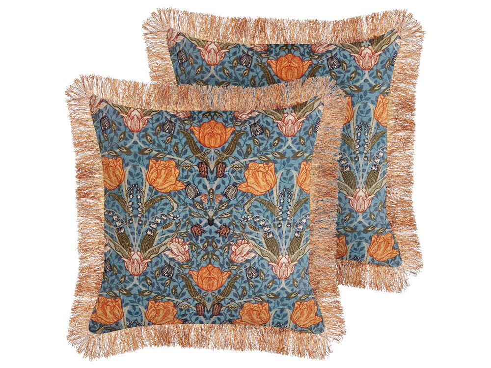 Set of 2 Decorative Cushions MITELLA 45 x 45 cm Velvet Blue Floral Pattern