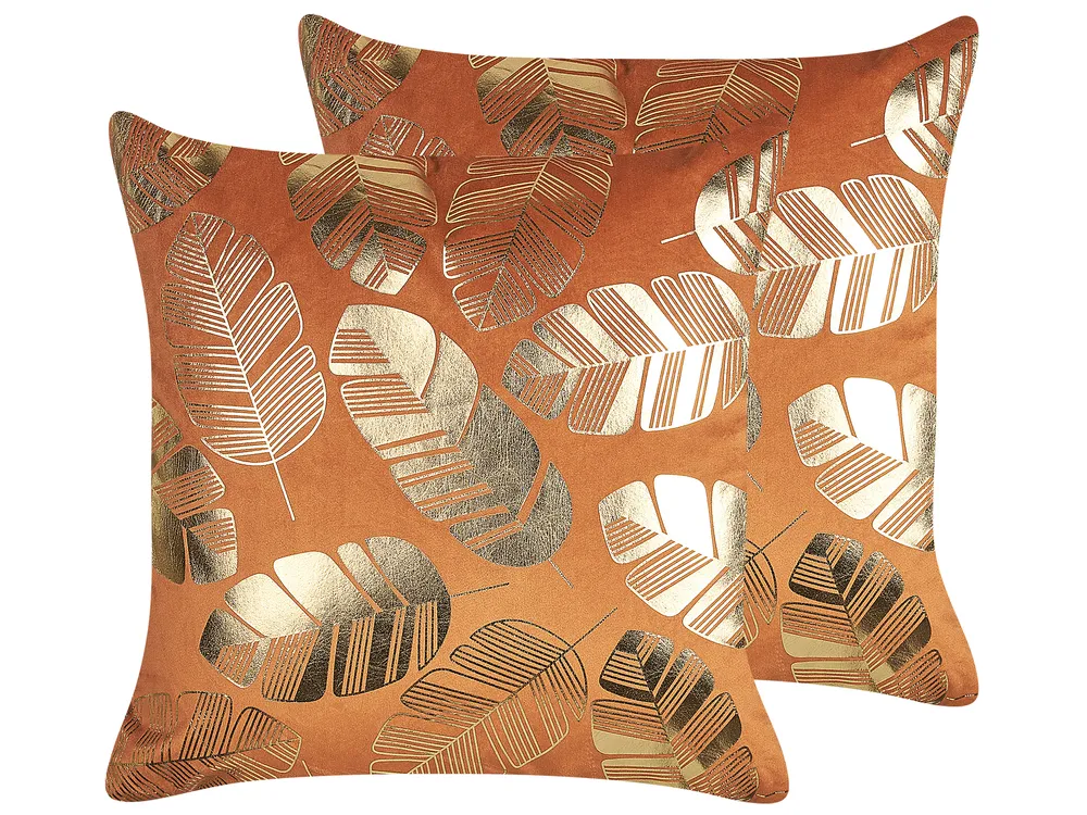 Dekokissen 2er Set SUNFLOWER 45 x 45 cm Samtstoff Orange Pflanzenmuster
