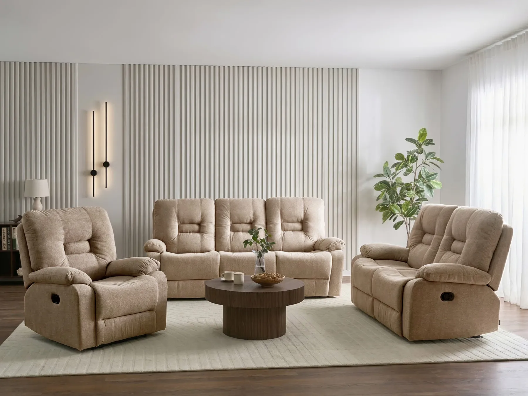 Manual Recliner Living Room Set 6 Seater BERGEN Fabric Beige_1064894