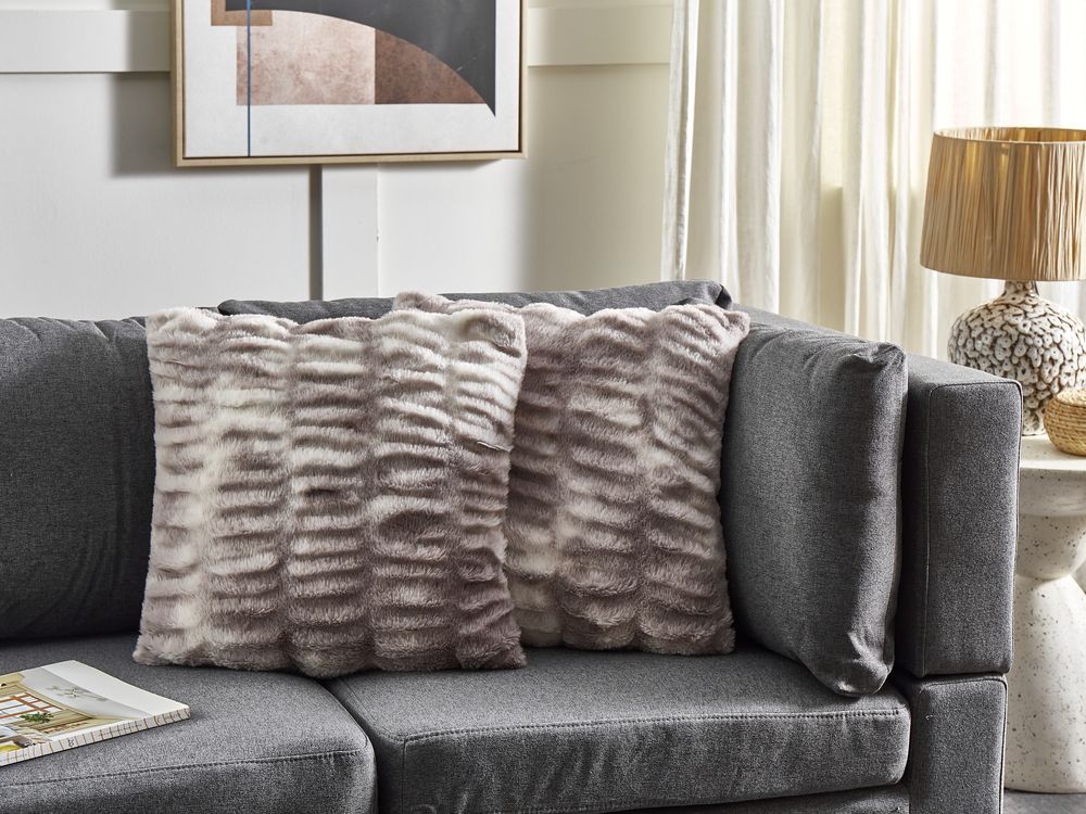 Set of 2 Decorative Cushions MACODES 45 x 45 cm Faux Fur Light Grey Solid