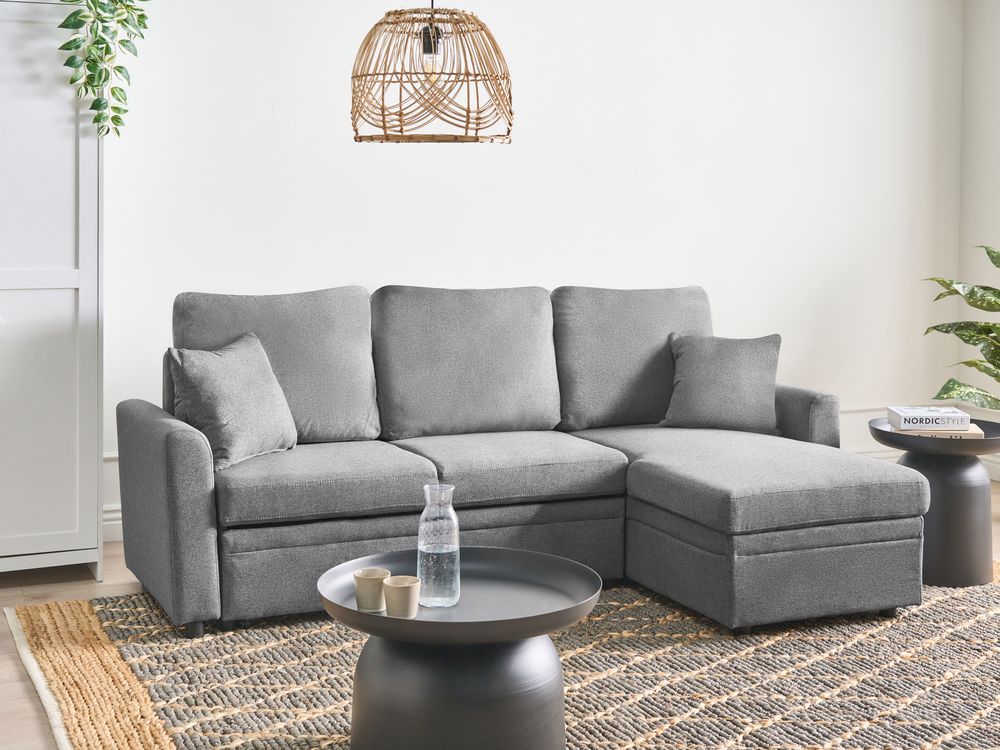 Corner Sofa Bed 3 Seater NASSJO Faux Linen Grey Left Hand