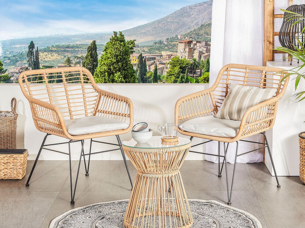 Bistro Set with Cushions TRESTINA PE Rattan Light Brown