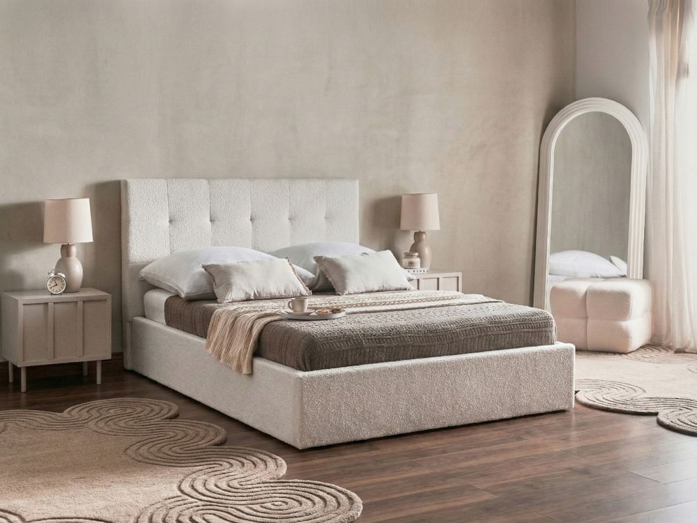 Bed met opbergruimte LORIENT Bouclé Gebroken wit 140 x 200 cm