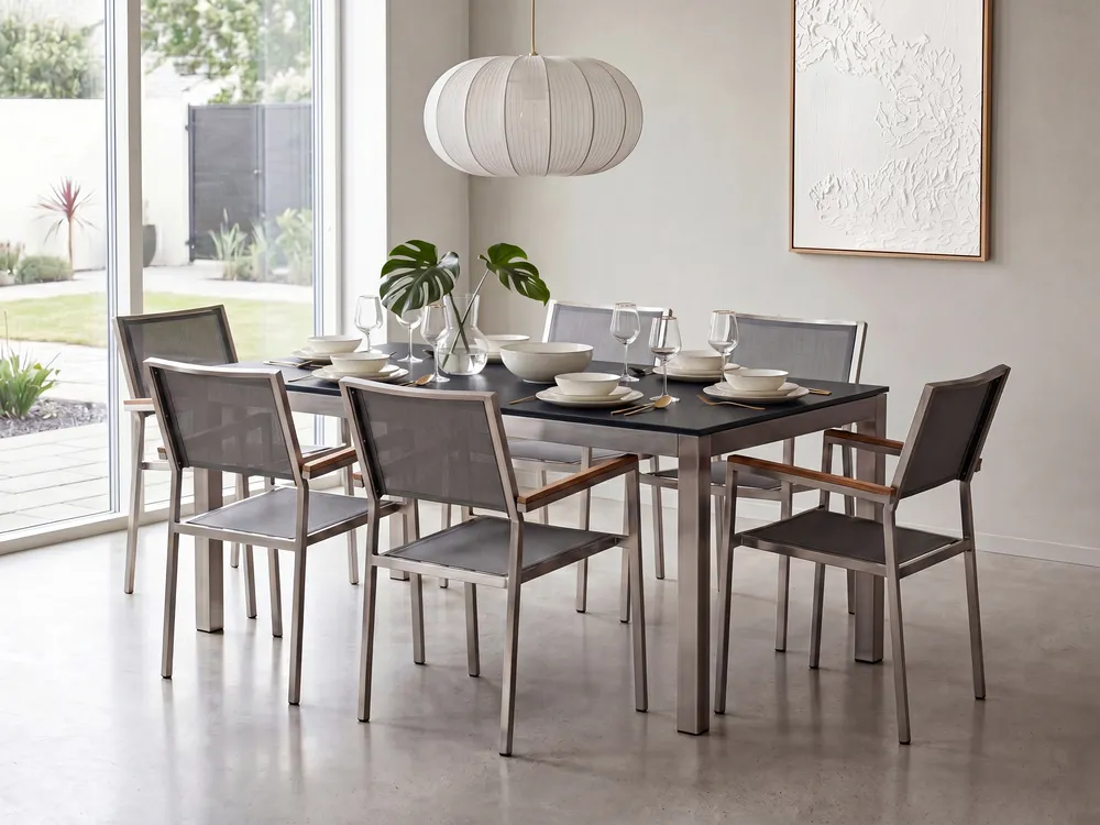 Garden Dining Set 6 Seater GROSSETO Tempered Glass Grey/ Black_1105684