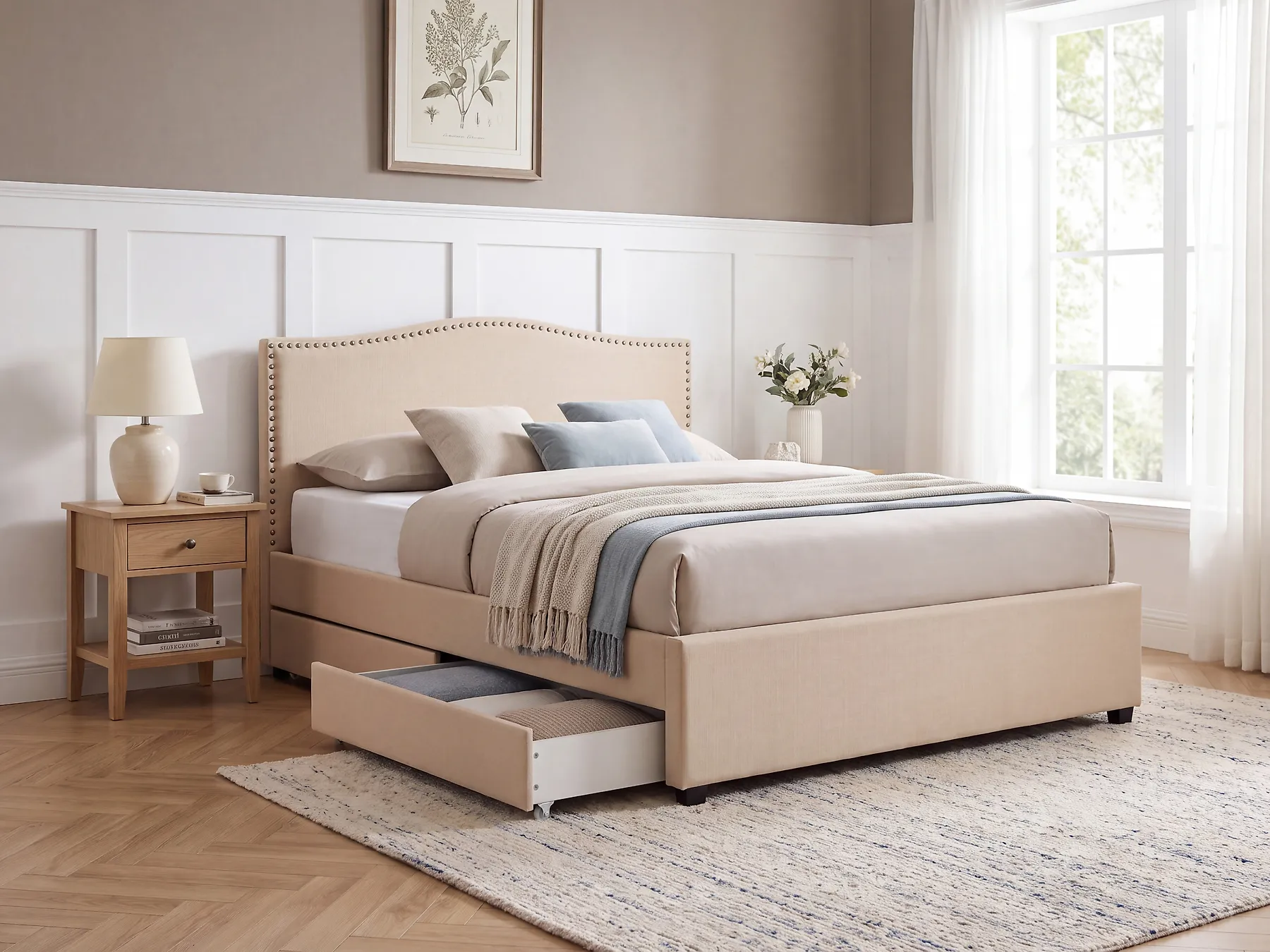 Bed with Storage Drawers MONTPELLIER Fabric Beige 160 x 200 cm (EU King Size)_710901