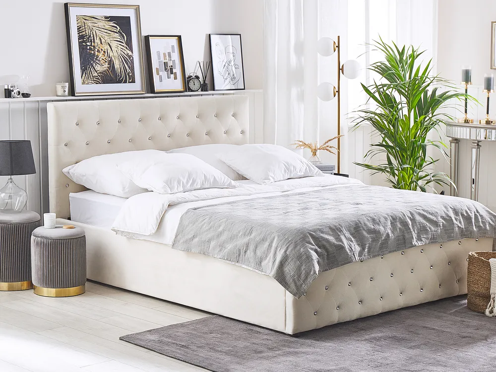Polsterbett Samtstoff beige mit Bettkasten hochklappbar verschiedene Größen AMIENS
