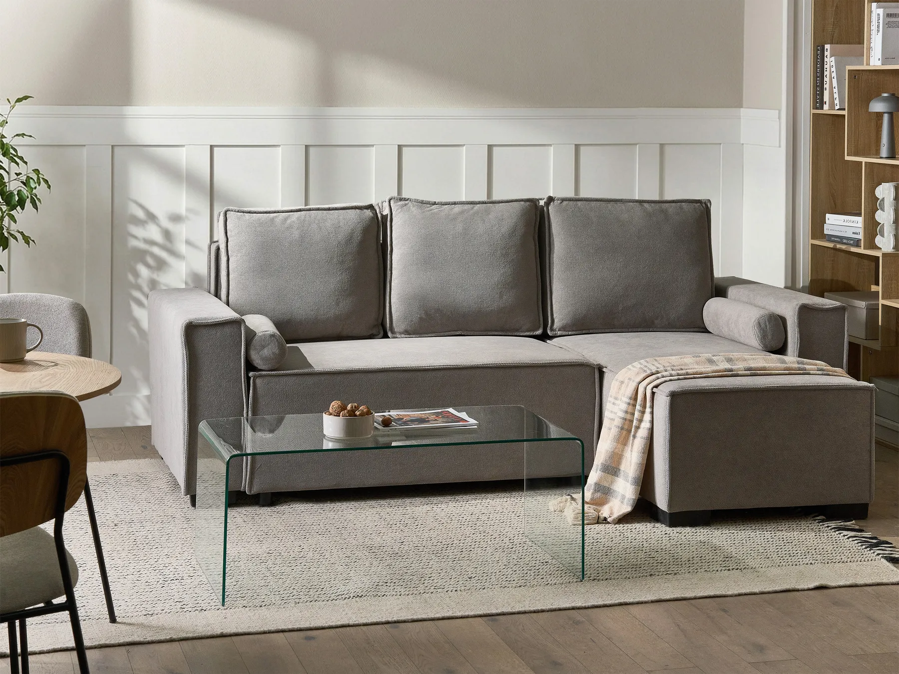 Corner Sofa Bed 3 Seater EDANE with Storage Fabric Grey Left Hand_1057214