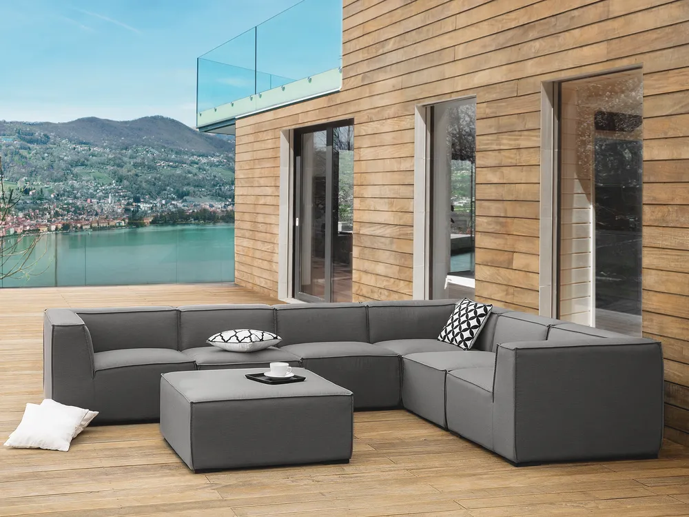 Garten Ecksofa mit Ottomane 7-Sitzer AREZZO modular Grau linksseitig