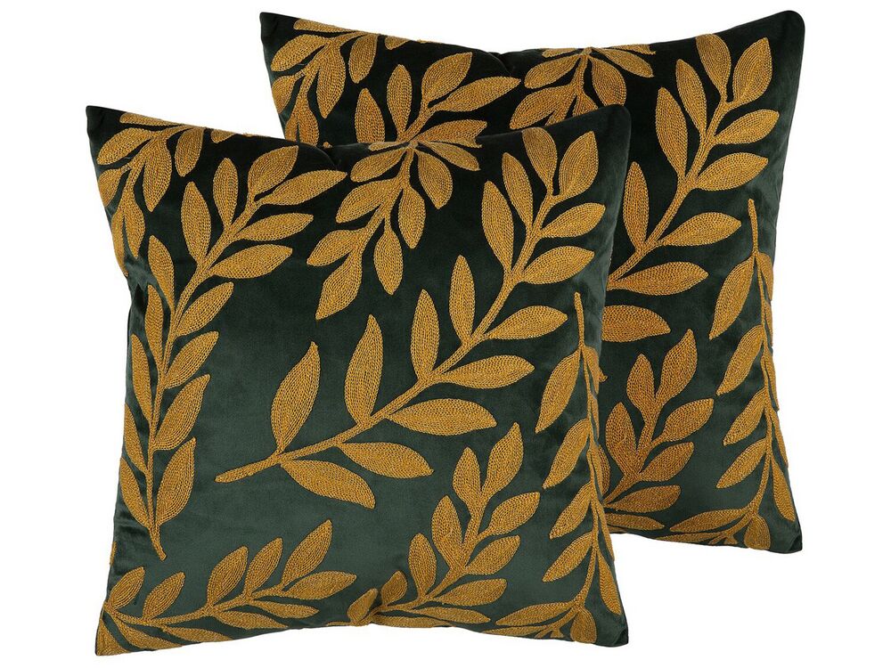 Dekokissen 2er Set MISTLETOE 45 x 45 cm Samtstoff Gold Grün Pflanzenmuster