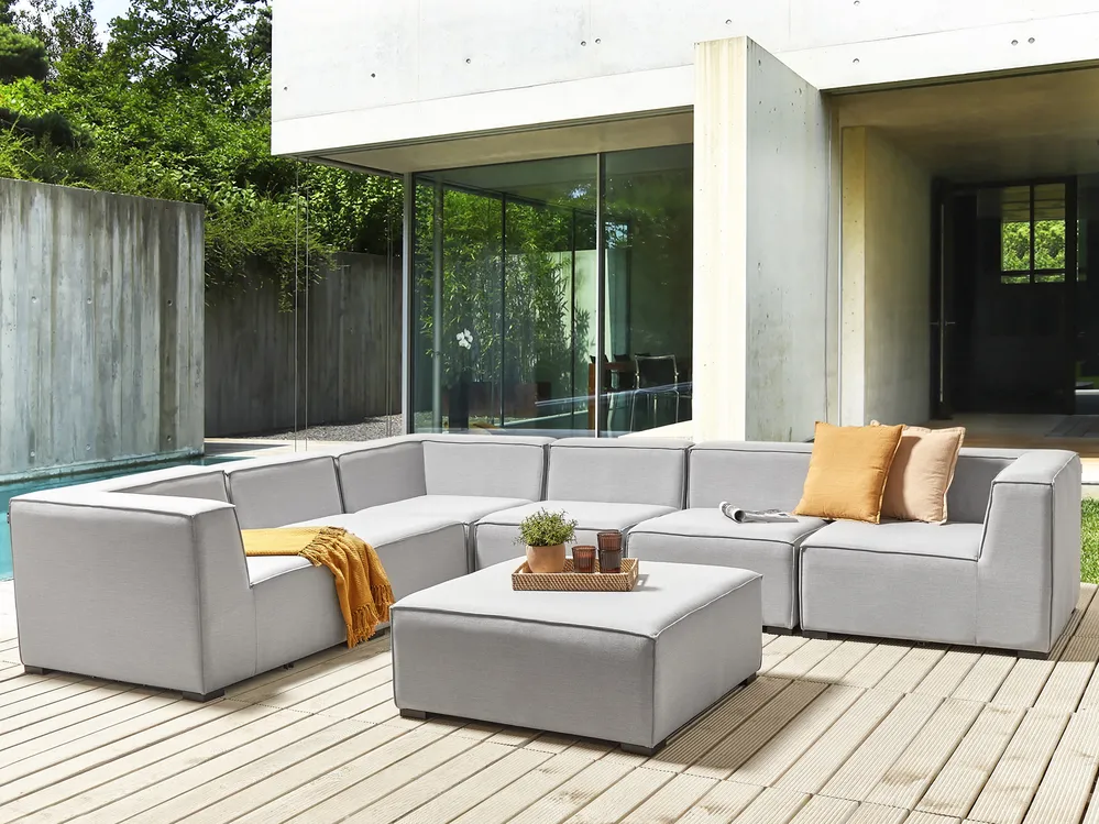 Garten Ecksofa mit Ottomane 7-Sitzer AREZZO modular Hellgrau rechtsseitig