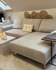 Eckschlafsofa 3-Sitzer NUBORG Chenillegewebe Hellbeige linksseitig_1047209
