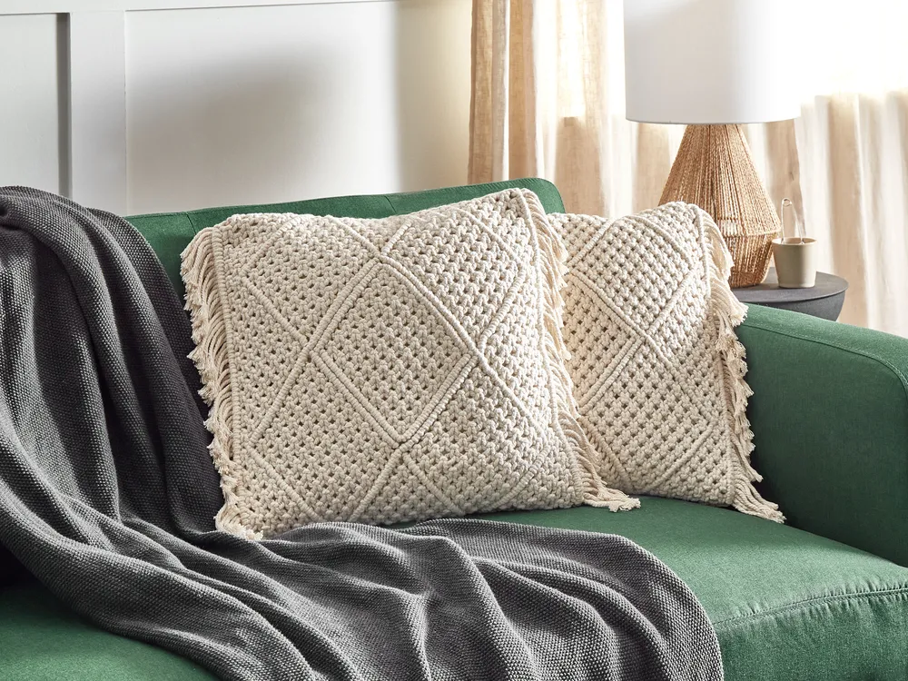 Set of 2 Decorative Cushions BESHAM 45 x 45 cm Cotton Light Beige Geometric Pattern_904588