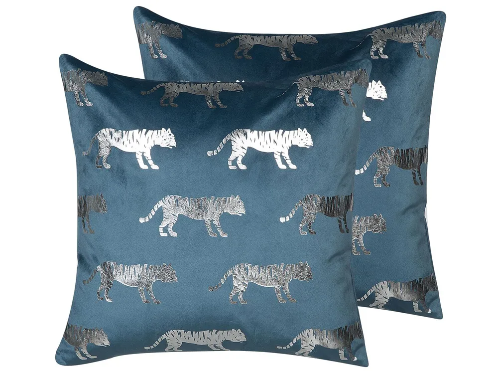Dekokissen 2er Set BLUEBELL 45 x 45 cm Samtstoff Blau Tiermuster