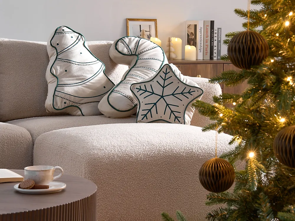 Dekokissen 3er Set JOLLYTRIO 35 x 70 cm 40 x 60 cm 40 x 40 cm Samtstoff Hellbeige Weihnachtsmotiv_1184140