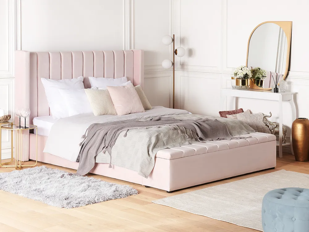 Bett mit Stauraumbank NOYERS Samtstoff Pastellrosa 160 x 200 cm_796496