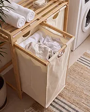 Set of 2 Laundry Baskets with Shelf AZUFRERA Bamboo Light Brown/ White 70 L_1144515