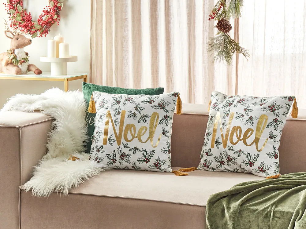 Dekokissen 2er Set ZAMIA 45 x 45 cm Baumwolle Weiß Weihnachtsmotiv_1079218