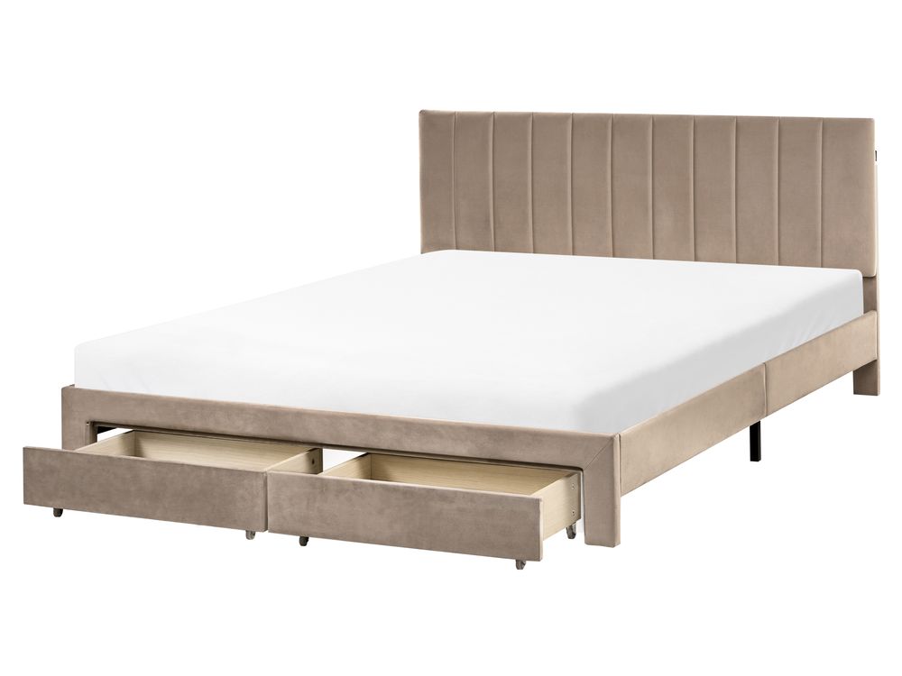 Krevet s ladicama LONZAC Samet Sivo-bež 160 x 200 cm