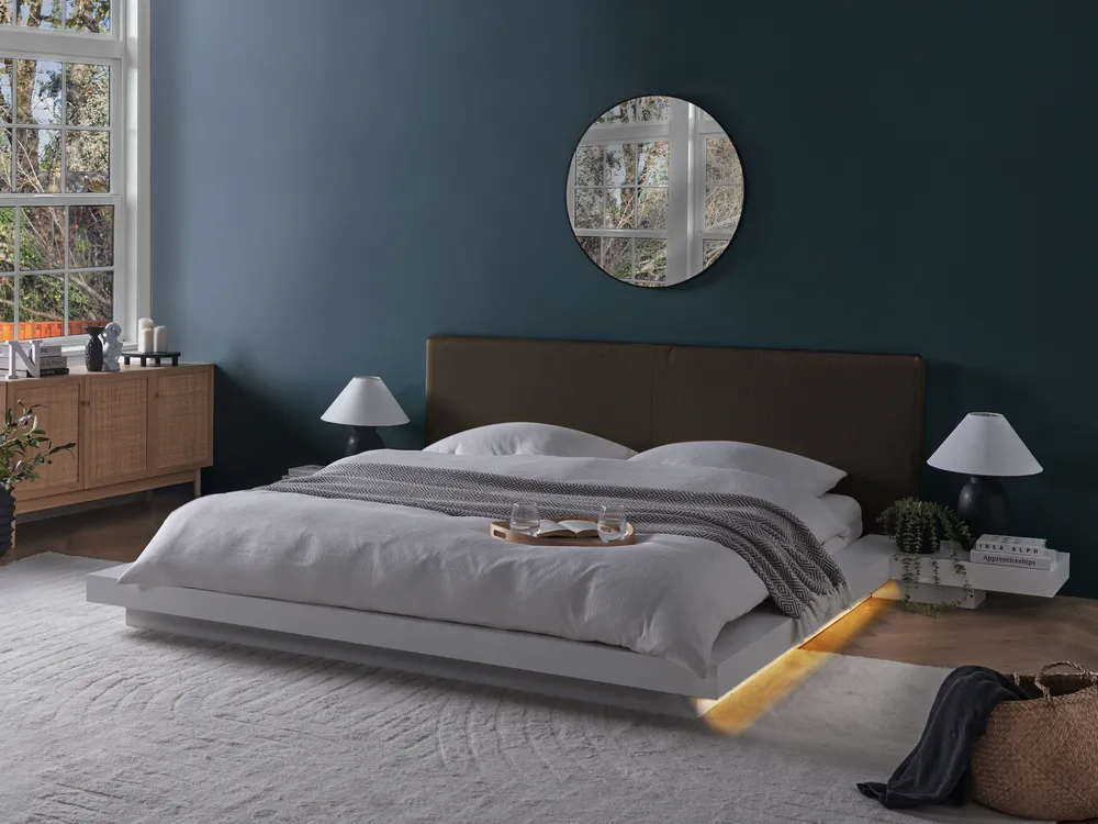 Bett mit LED Bouclé ZEN 180 x 200 cm Weiß