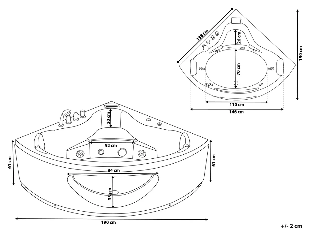 Corner Hot Tub with LED TOCOA 1900 x 1380 mm White_780923