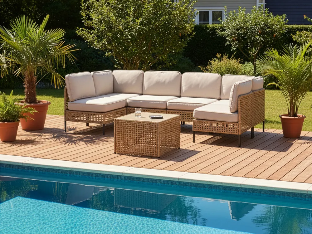 Gartensofa in U-Form 6-Sitzer OMEGANA modular Polyrattan Hellbeige