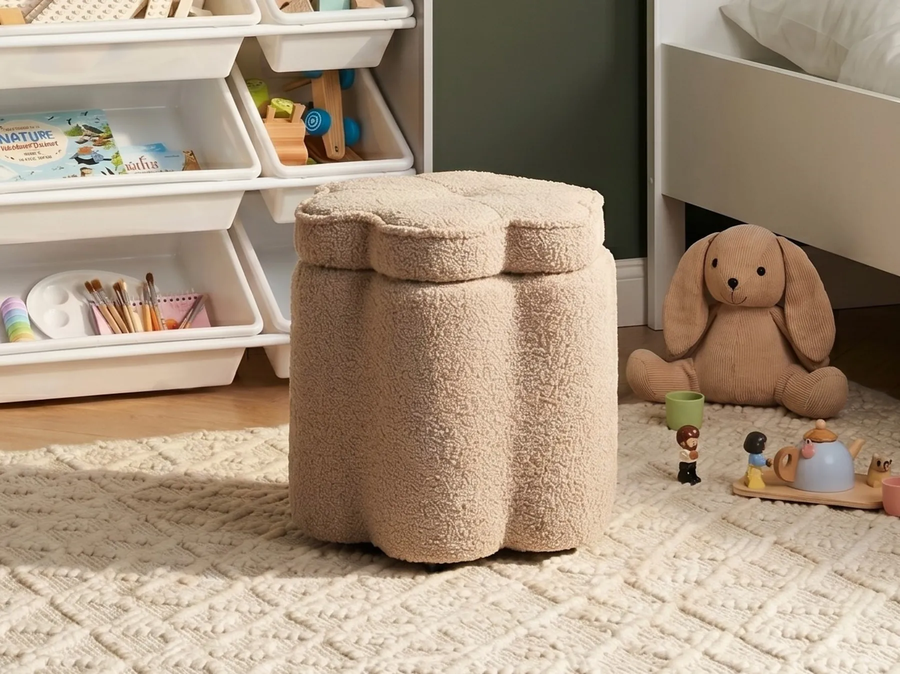 Kids Storage Pouffe FLOWER Flower Boucle Beige_1082033