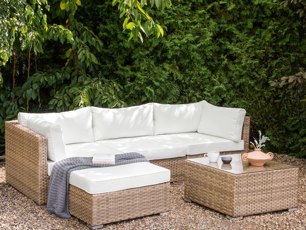 Garten Ecksofa mit Tisch 4-Sitzer SANO modular Polyrattan Naturfarben rechtsseitig