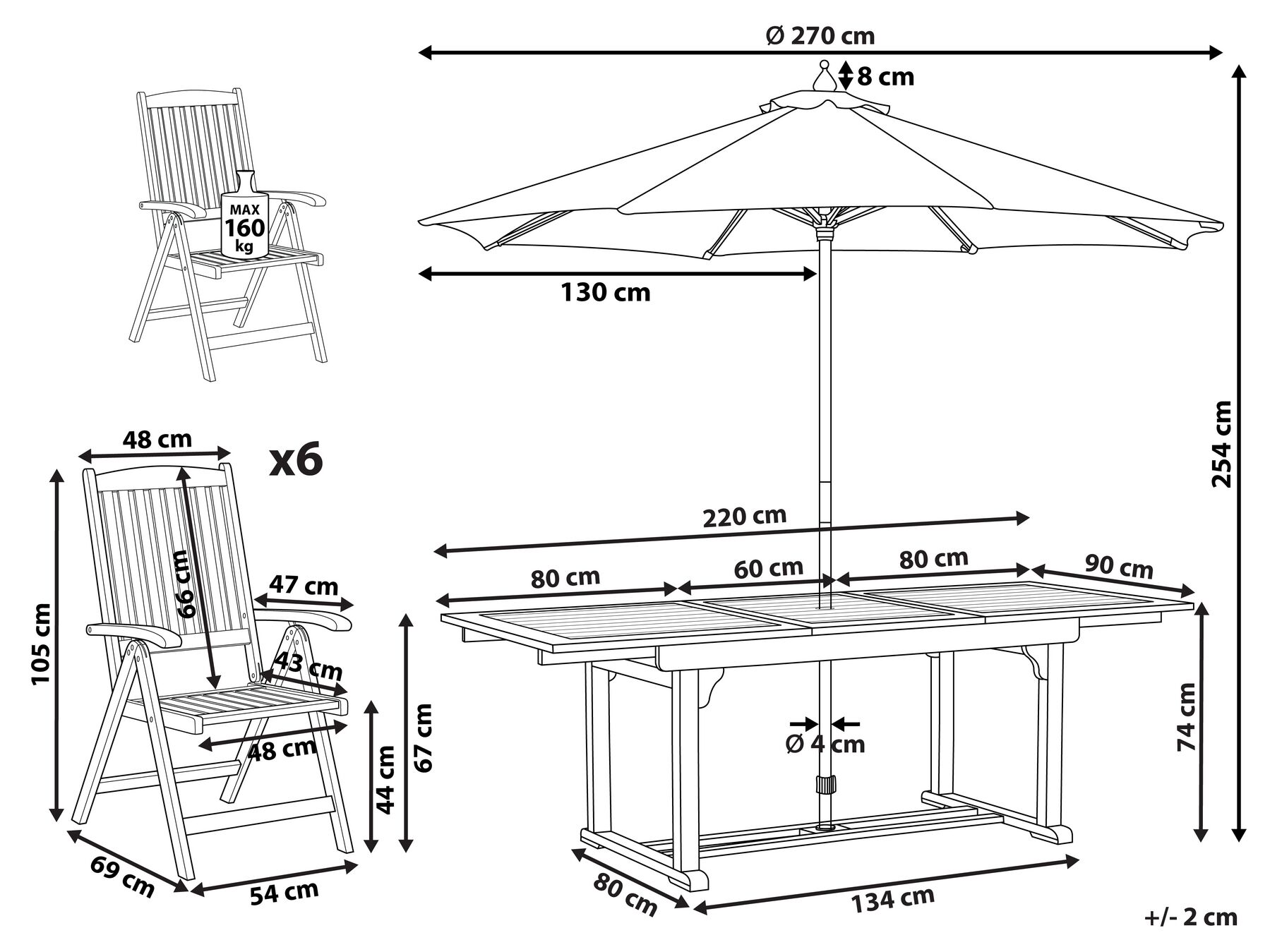 Gartenmöbel Set 6-Sitzer JAVA mit Schirm (12 Optionen) Akazienholz Hellbraun_863877