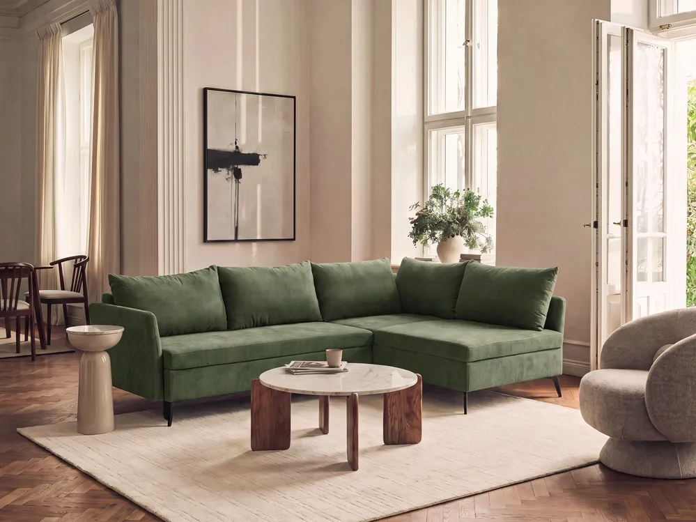 Eckschlafsofa 3-Sitzer KOGE mit Stauraum Stoff Grün linksseitig