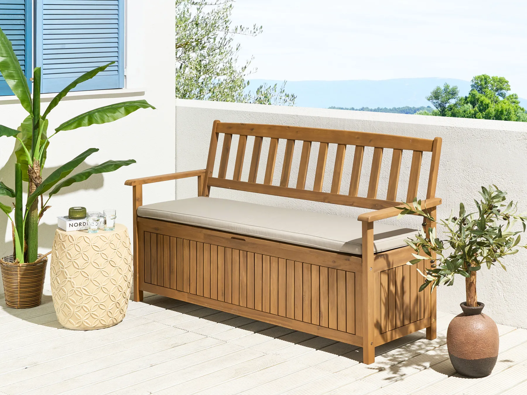 Gartenbank mit Auflage SOVANA 160 cm mit Stauraum Akazienholz Taupe_922568