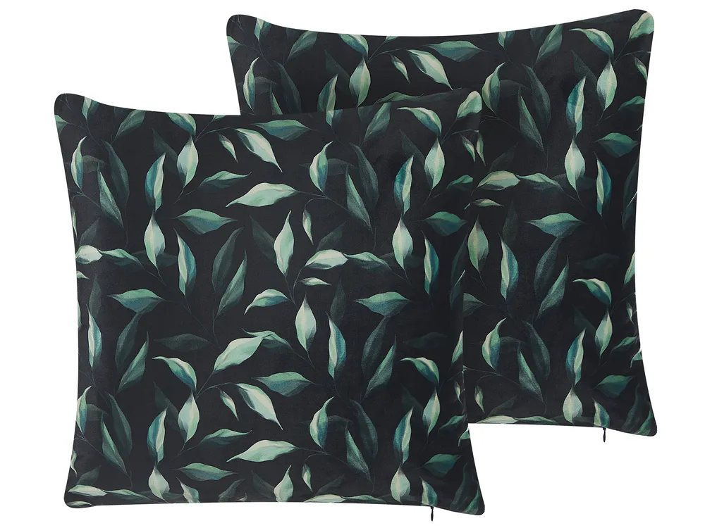 Dekokissen 2er Set TOADFLAX 45 x 45 cm Samtstoff Grün Schwarz Pflanzenmuster