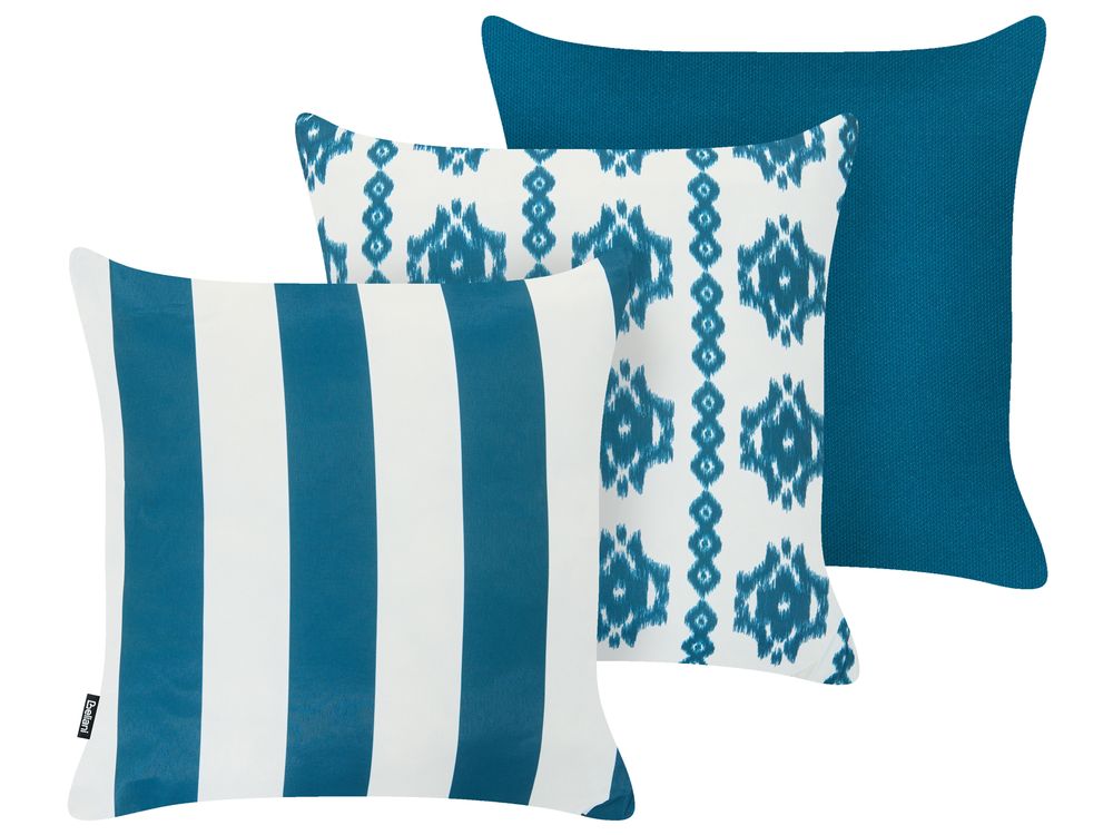Gartenkissen 3er Set BASSWOOD Geometrisches Muster 45 x 45 cm Weiß / Blau
