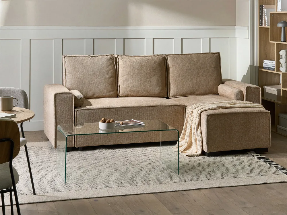 Eckschlafsofa 3-Sitzer EDANE mit Stauraum Stoff Beige linksseitig