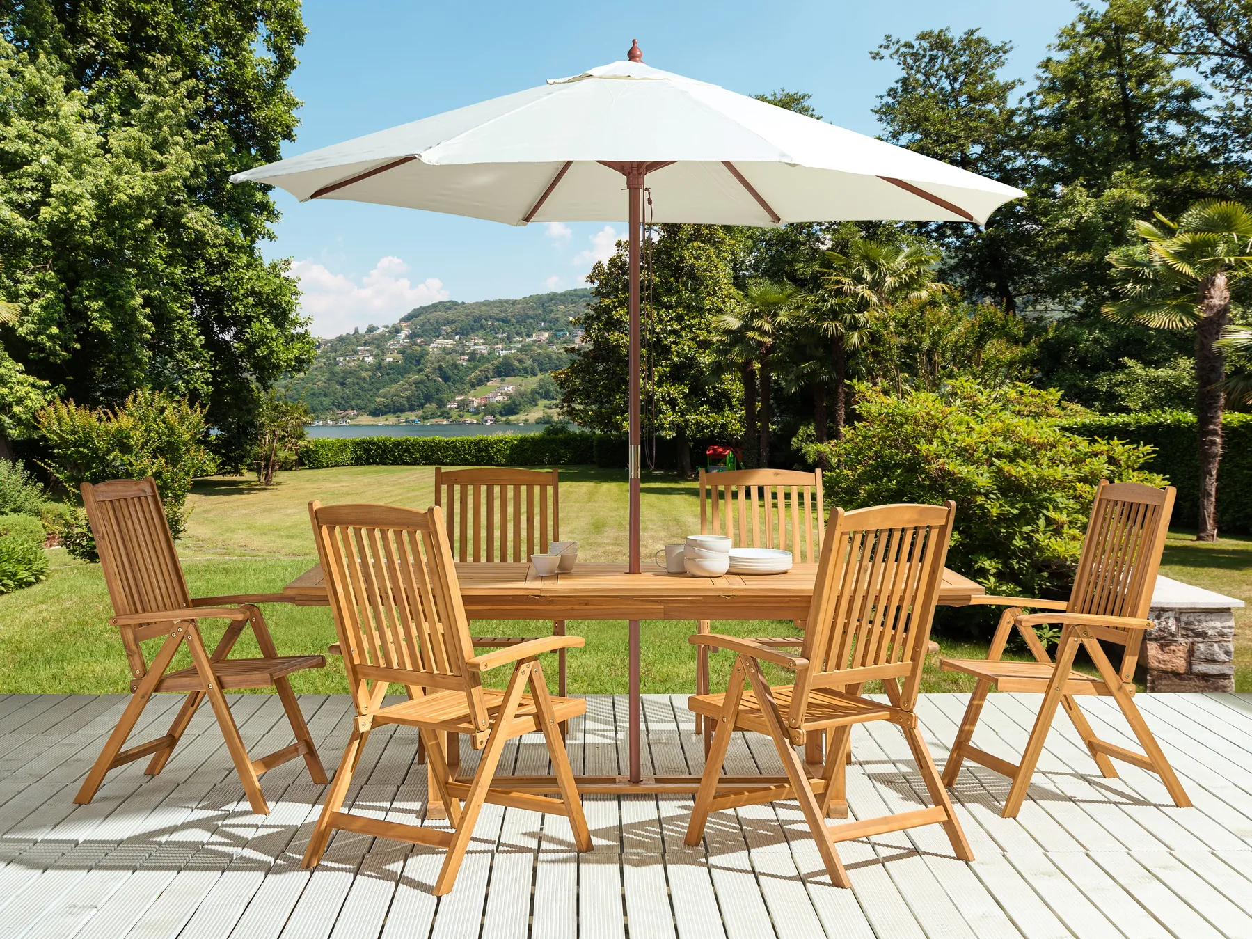 Gartenmöbel Set 6-Sitzer JAVA mit Schirm (12 Optionen) Akazienholz Hellbraun_877712