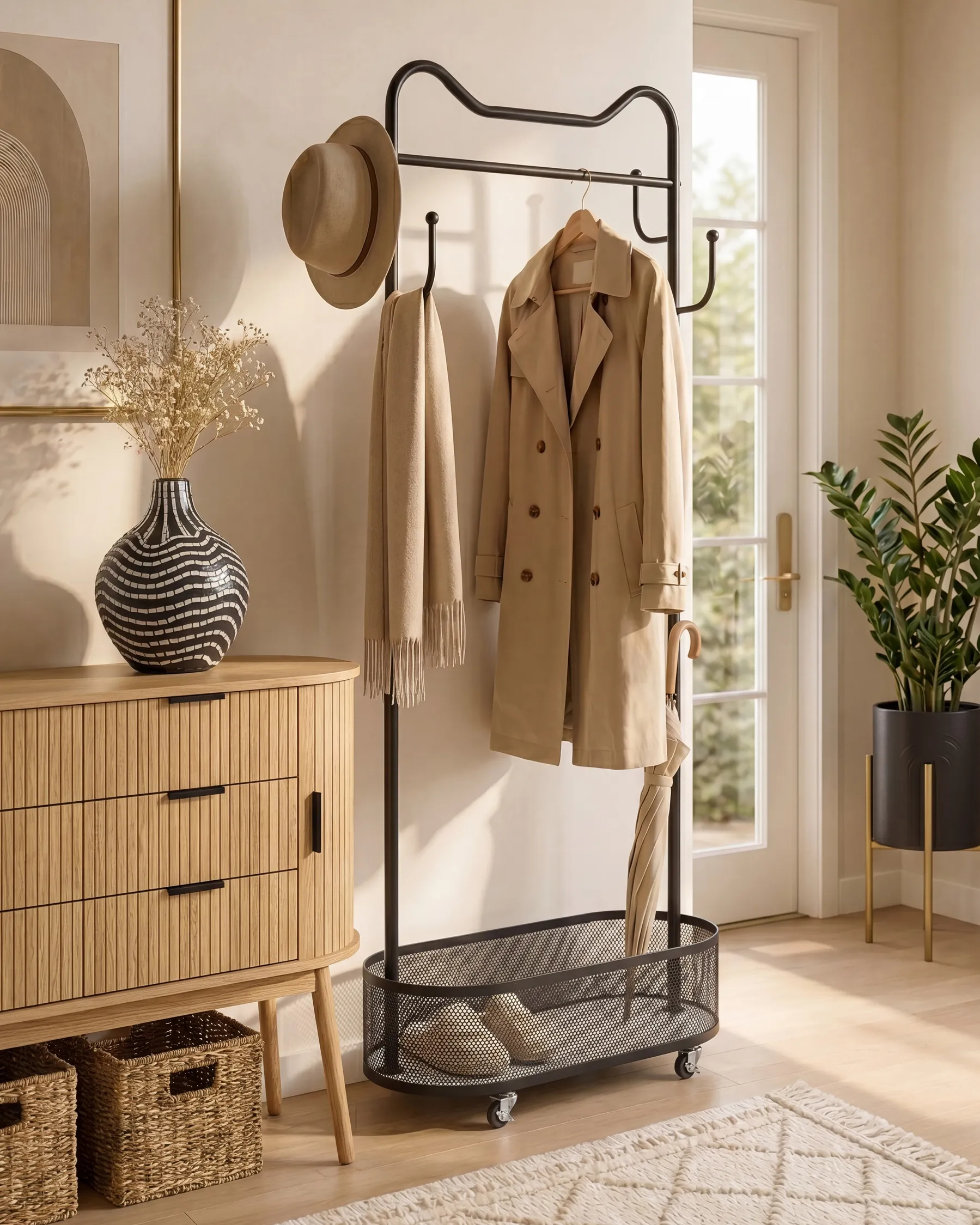 Coat Stand ROUSSILION with Shelf with Wheels Black_1084974