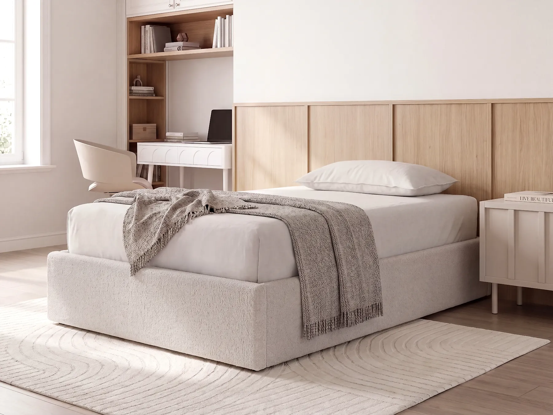 Ottoman Bed without Headboard DINAN Boucle Off-White 120 x 200 cm (EU Small Double)_1188199