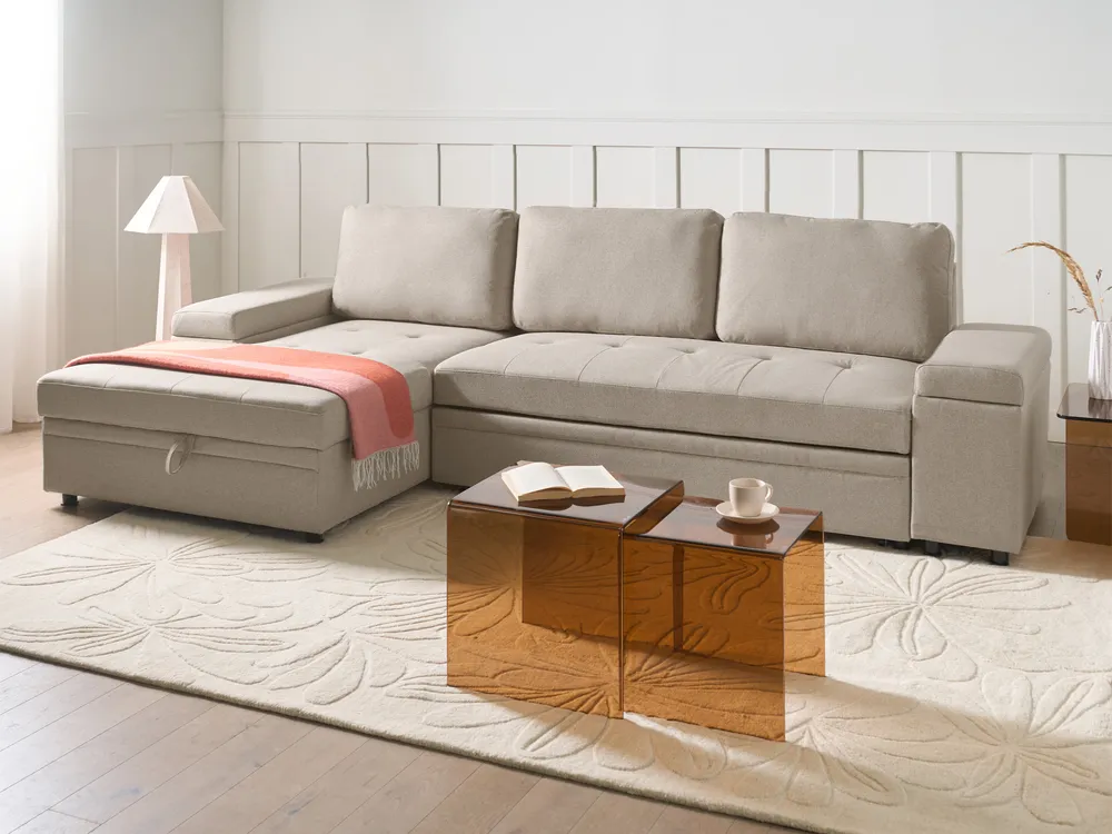 Eckschlafsofa 3-Sitzer HRISEY mit Stauraum Kunstleinen Beige rechtsseitig_1033392