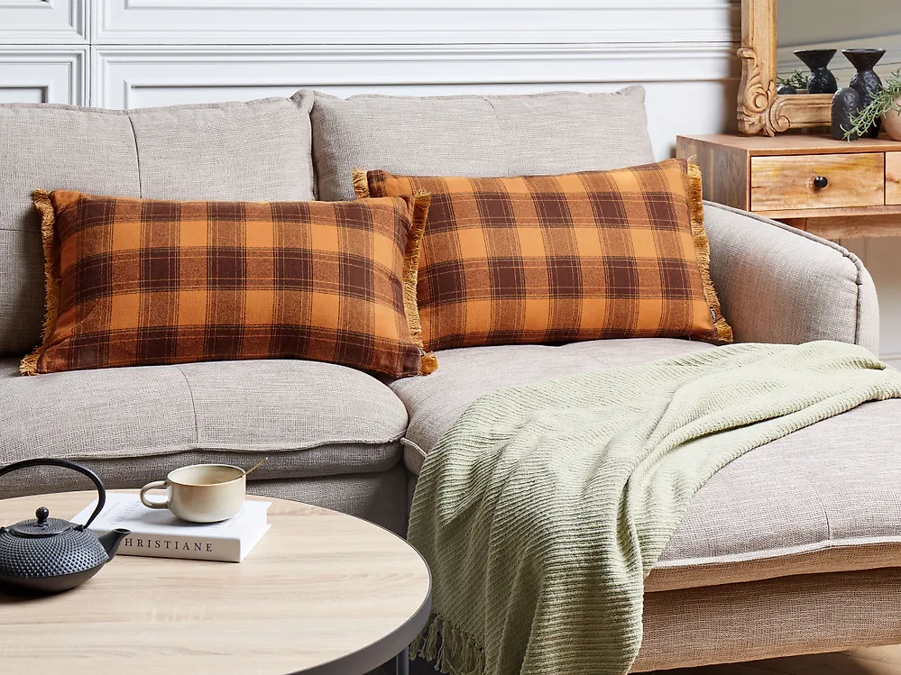 Dekokissen 2er Set BARJA 40 x 70 cm Orange Kariertes Muster_1175747