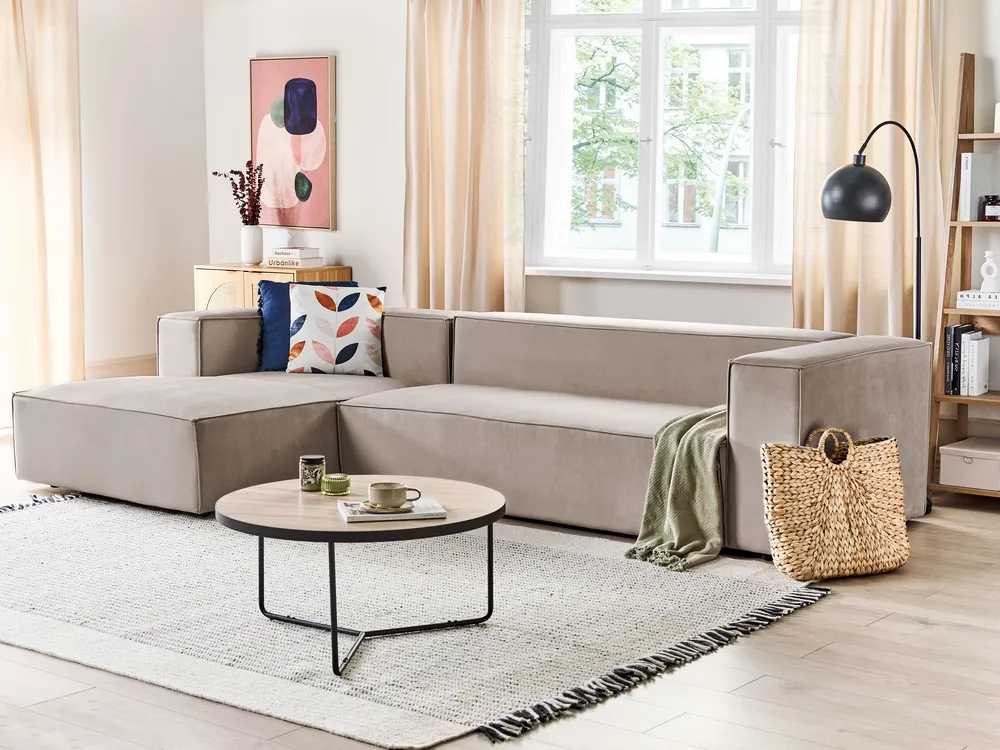 Ecksofa 3-Sitzer VERNON Samtstoff Beige rechtsseitig