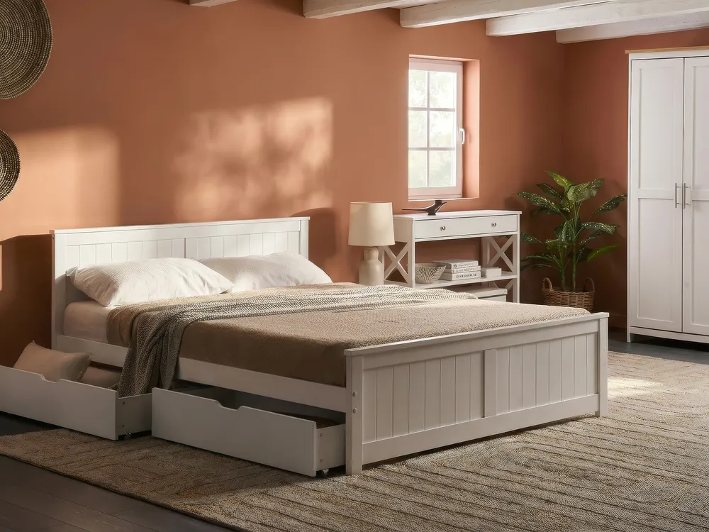 Bett mit 2 Schubladen SABRAN Kiefernholz Weiß 140 x 200 cm_1061256
