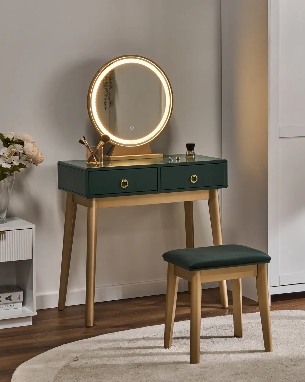 Dressing Table with Mirror and Stool FEDRY LED Emerald Green - Beliani.dk
