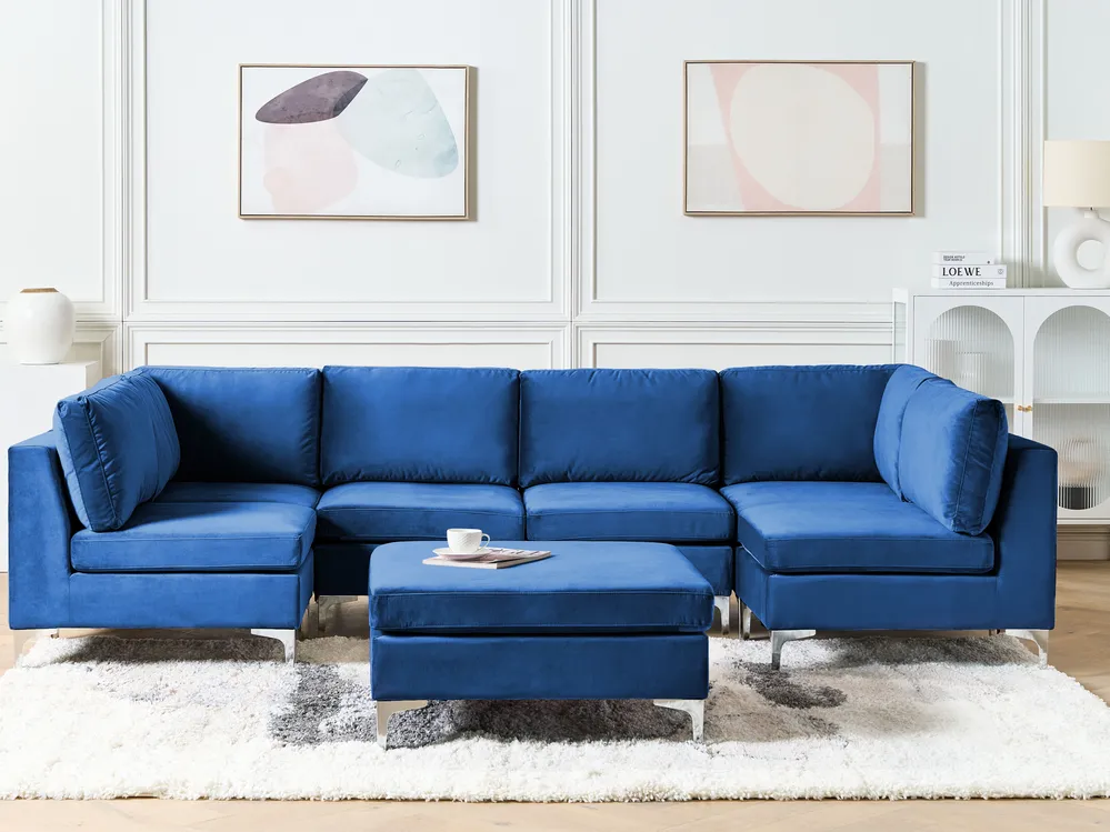 U-förmiges Modulsofa 6-Sitzer EVJA mit Ottomane Samtstoff Marineblau