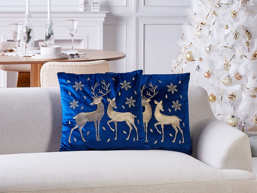 Set of 2 Decorative Cushions MERINGUE 45 x 45 cm Velvet Dark Blue Christmas Motif